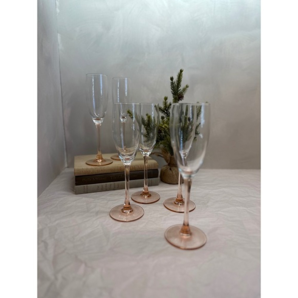 Vintage Luminarc Pink Stem Champagne Flutes Set of 6 Blush‎ Pink Base Stemware